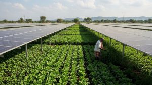 Agricultural crops growing beneath solar panels in an agrivoltaic setup