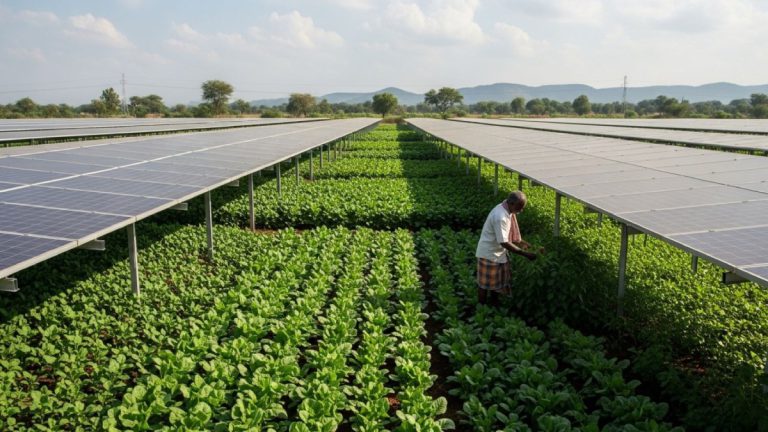 Agricultural crops growing beneath solar panels in an agrivoltaic setup