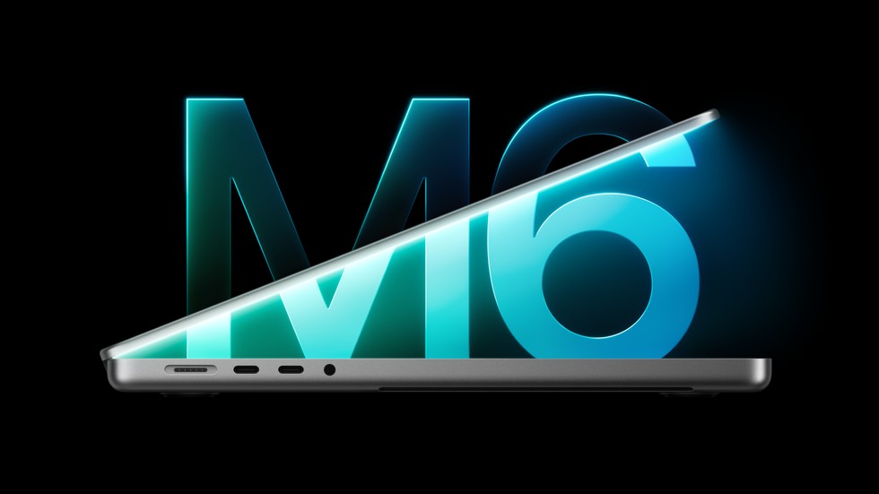 Apple's new 14-inch MacBook Pro with M6 shown against an illuminated M6 chip graphic