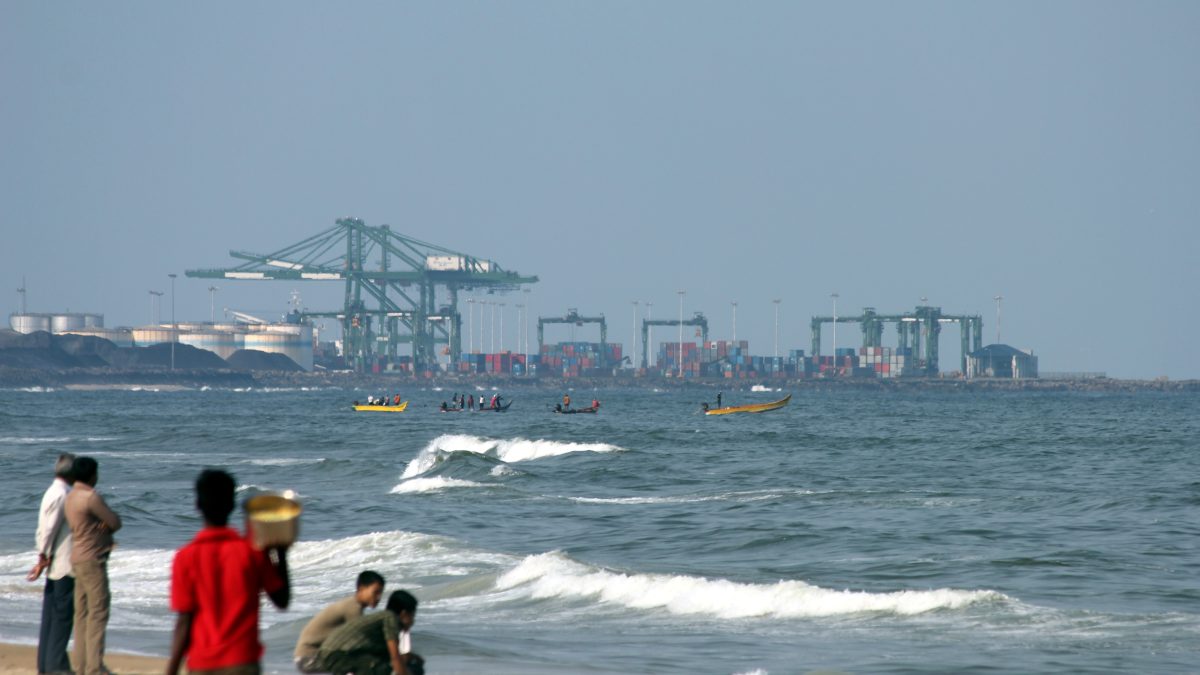 Container terminal at Chennai Port viewed from the Marina coastline