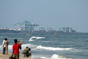 Container terminal at Chennai Port viewed from the Marina coastline