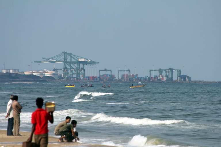 Container terminal at Chennai Port viewed from the Marina coastline