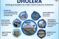 Official PIB infographic showing Dholera's planned semiconductor township ecosystem, including healthcare, education, investor accommodation and civic services