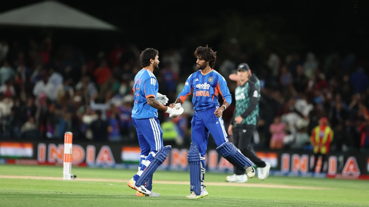 Tilak Varma and Nitish Kumar Reddy celebrate India's win over New Zealand in the second T20I on October 24, 2026