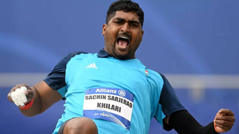 Indian para-athlete Sachin Sarjerao Khilari competing in shot put