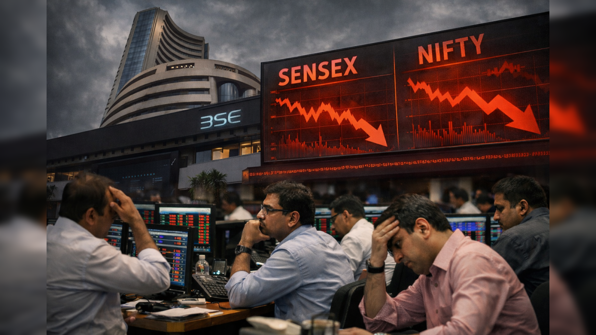 Stock market trading floor with Sensex and Nifty market charts