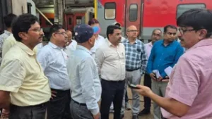 Railway officials inspecting redevelopment work at Muzaffarpur Junction platform 1