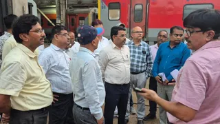 Railway officials inspecting redevelopment work at Muzaffarpur Junction platform 1