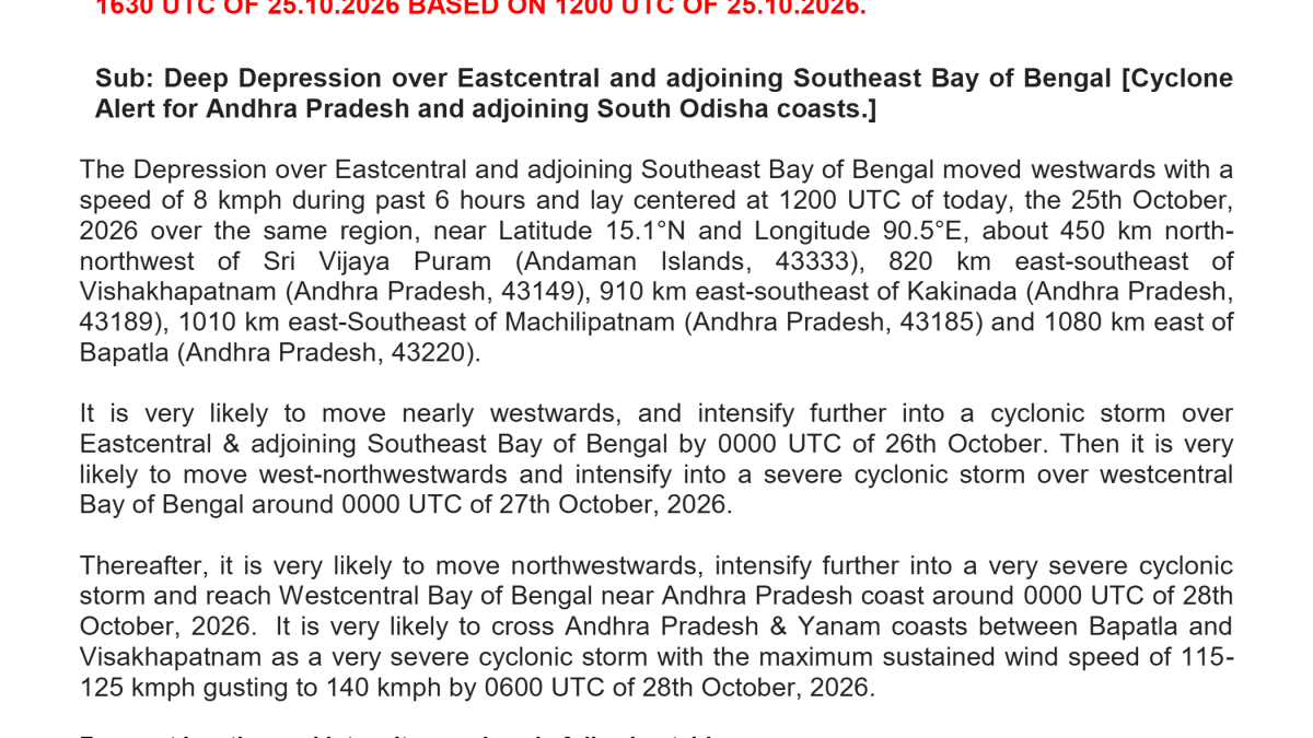 Official IMD tropical weather outlook dated October 25, 2026, showing the Bay of Bengal deep depression forecast