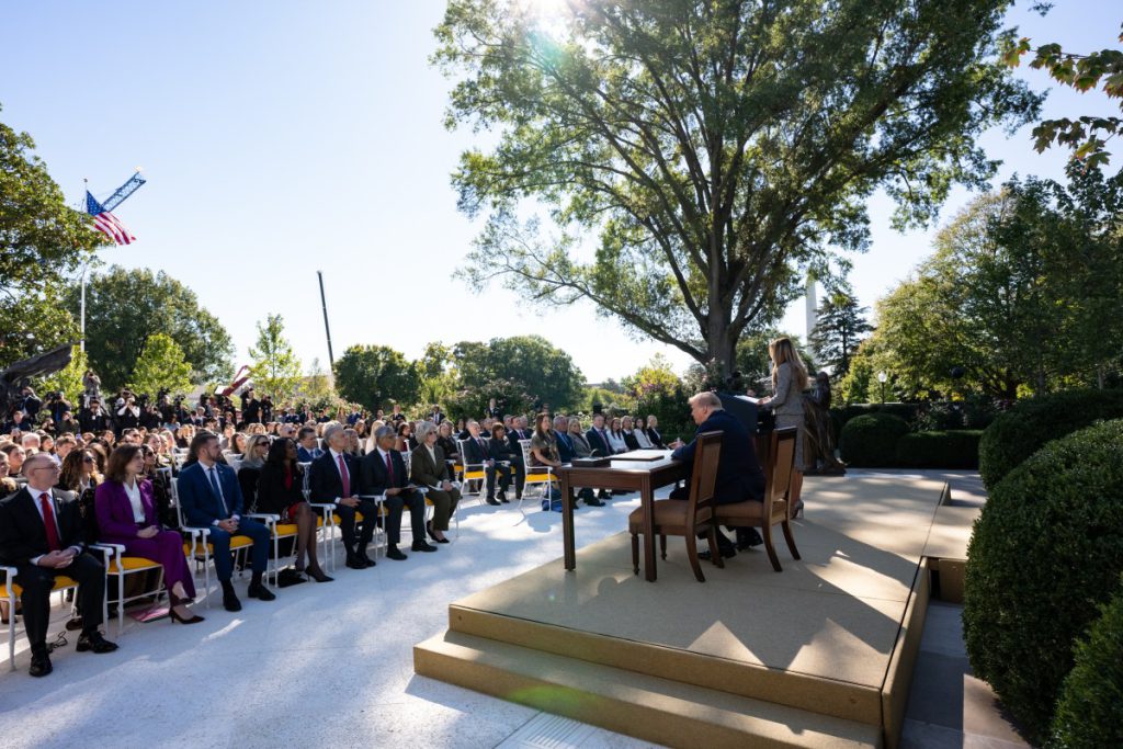 First Lady Melania Trump speaking at a White House event; official file photo, not an image of Oleshky
